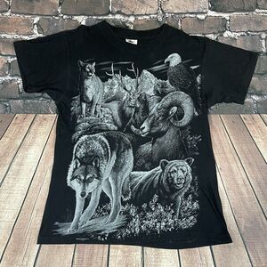 Vintage 90s Wolf Bear Deer Eagle Nature T-Shirt Men’s Large AOP All Over Print